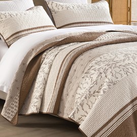 QuiltMuse Striped Quilts Queen Size - 100% Cotton Brown Queen Quilt Bedding Set 3 Pieces, Lightweight Soft Bedspread with 2 Pillowshams, Farmhouse Floral Quilted Coverlet for All Season