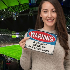 Everton Gifts for Men - or Boys Funny EFC Football Grumpy Fan Lives Here Metal Sign, Mens Metal Poster for Dads FC Man Cave or Home Bar Signs