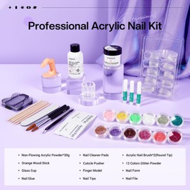 Glamonade Acrylic Nail Kit for Beginners: 30g Clear Acrylic Powder Set with Glitter Powder Brush Nail Forms Manicure Tools Nails Kit with Everything Home DIY Nail Art Salon