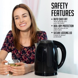 OVENTE 1.7L Double Wall Electric Tea Kettle, 1100W Water Boiler and Heater with Cool-Touch Exterior, Stainless Steel Insulated Interior, Auto Shut-Off, Boil-Dry Protection & Locking Lid, Black KD64B