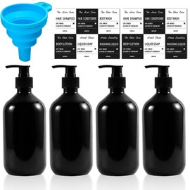 Pack of 4 500 ml Soap Dispenser: Shampoo Bottles for Filling with Labels and Funnel, Soap Dispenser Black Shampoo Dispenser for Liquid Soap Shampoo Conditioner Shower Gel