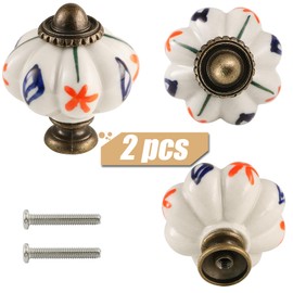 Zernmiarder Ivory Pumpkin Knobs 2 Pack Ceramic Cabinet Knobs Vintage Drawer Pulls - Antique Dresser Pulls with Screws - Red Flower & Blue Leaf