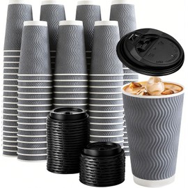 peibobow 16 oz Coffee Cups with Lids, 80 Pack Insulated Corrugated Paper Cups, Disposable Coffee Cups for Water, Juice, Coffee (Grey 16 oz)
