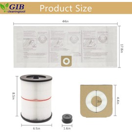 GIB cleaningtool 17816 Filter for Craftsman Shop Vac Filter 5/6/8/12/16/32 Gallon Wet/Dry Vac Filter with 3-Pack CMXZVBE38749 Dust Collection Bags for Craftsman 16 to 20 Gallon Shop Vacuum Cleaner