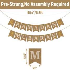 Jute Burlap Ramadan Mubarak Banner with Moon and Star Ramadan Home Mantel Fireplace Decorations Eid Mubarak Festival Decorations