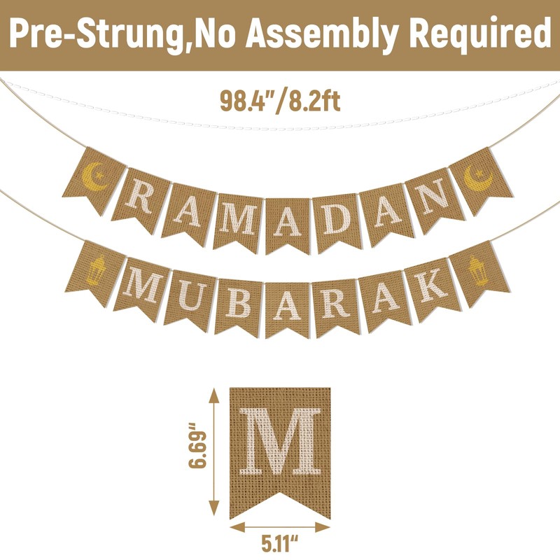 Jute Burlap Ramadan Mubarak Banner with Moon and Star Ramadan