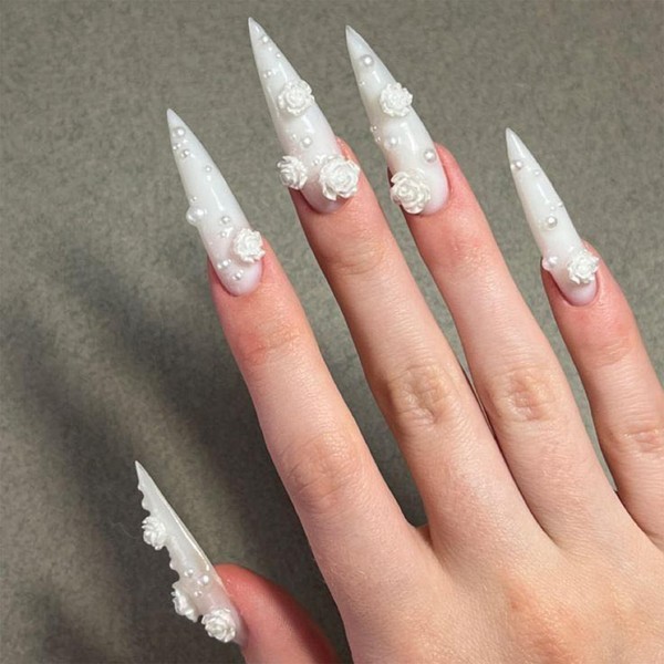 IMRAIN Stiletto Long Press on Nails White Glossy Fake Nails