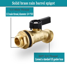 Brass Water Container Rain Barrel Spigot/Faucets， Lead-Free Compliant Spigot 3/4 Inch O.D. Inlet to 3/4" GHT Male Thread Outlet with Quarter Turn Spigot Include Bulkhead Fitting and Washers