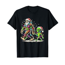 Alien And Bigfoot Wearing A Santa Hat and Christmas Lights T-Shirt