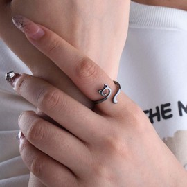 Inateannal Punk Cat Ring for Women Black Cat Open Ring Open Adjustable Wrap Rings Cute Animal Cats Finger Rings Jewelry for Women