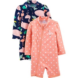 Simple Joys by Carter's Girls' 2-Pack 1-Piece Zip Rashguards, Navy Sea Friends/Peach Dots, 2T