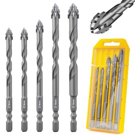 Flintronic Four-Flute Drill Bit Set, 5PCS Four Blade Serrated Eccentric Drill Bits, Masonry drill Bits with 1/4" Hex Shank, Carbide Tip Tile Brick Drills Bit set (6/6/8/10/12MM, Silver)