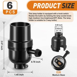 Saysurey 6 Pcs 3 Way Lamp Socket Replacement E26 Threaded Base Turn Switch Knob for On/Off Low-Medium-high Light Settings Light Bulb Socket for Table Floor Lamp Repair, Black