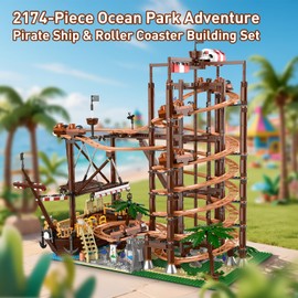 Mould King 11013 Roller Coaster & Pirate Ship Building Set, 2174-Piece Amusement Park Model with Motorized Loop Coaster, Double Helix Roller Coaster Building Toy for Adults, Teens Ages 12+