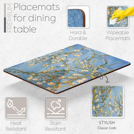 Moderry Set of 4 Heat Resistant Cork Placemats for Dining Table with Free Set of 4 Matching Drink Coasters Van Gough Blue Botanical Design 16 x 12 Inches Cork Backed Hard Placemats (Almond Blossoms)