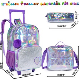 Egchescebo Kids Love Rolling Roller Backpack for Girls 3Pcs Childrens Suitcases Luggage Lunch Box with Wheels School Bags 16“ Wheeled Backpack Purple Bright Trolley Bag