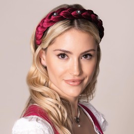 Alpenflüstern Helena Women's Costume Headband Velvet Braided Look – Women's Hair Accessories Braided with Pearl Ornament, Hair Band Non-Slip for Dirndl (Dark Red/Bordeaux) ADV133