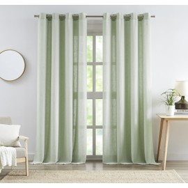 Central Park Green Linen Blend Semi Sheer Curtain Panel with 8 Grommets, Flax Farmhouse Rustic Light Filtering Window Treatment Drape 95 Inches Long for Living Room Bedroom, Soft Green, 58"x95"x2