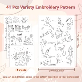 Peacoblue Water Soluble Embroidery Patterns for Beginners 4 Sheets with 41pcs Yoga Patterns, Wash Away Embroidery Pattern Stabilizer for Hand Sewing Yoga Lover Women Adults