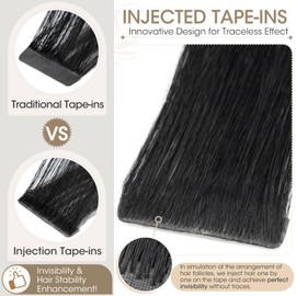 Elailite Injection Tape in Hair Extensions Human Hair - Invisible Skin Weft Remy Natural Real Hair Extension Straight 10 Pcs 25g - #1 Jet Black - 16 Inch