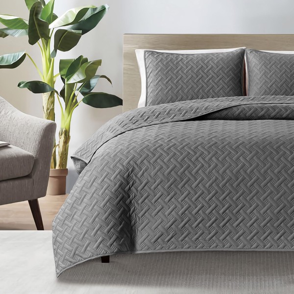 KASYLAN Quilt Set 3 Pieces - Ultra Soft Quilted Coverlet Bedspread - Lightweight Microfiber Classic Weave Stitch Bedspreads for All Season - Grey Bedspreads Queen Size