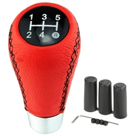 Arenbel Shifter Knob 5 Speed Red Leather Gear Lever Stick Manual Shift Handle Replacement Fit Most Cars, Black Stitched