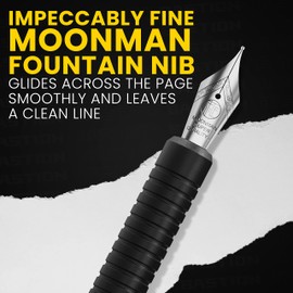 BASTION Fountain Pen with Gift Case - Minimalist Luxury Body - Fine Nib - Heavy Duty Nice Collectors Ink Refillable Metal Pens for Men & Women Professional Executive Office Pen (Black Stainless Steel)