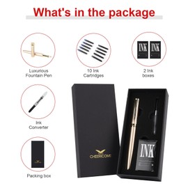 Cheericome Fountain Pen Set - Luxury Writing Instrument for Men & Women - Fine Nib With 10 Ink Cartridges and Refill Converter - Gold