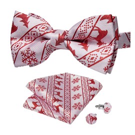DiBanGu Red and White Bow Ties for Men Christmas Festival Holiday Snowflake Bow Tie Pocket Square Cufflinks Set