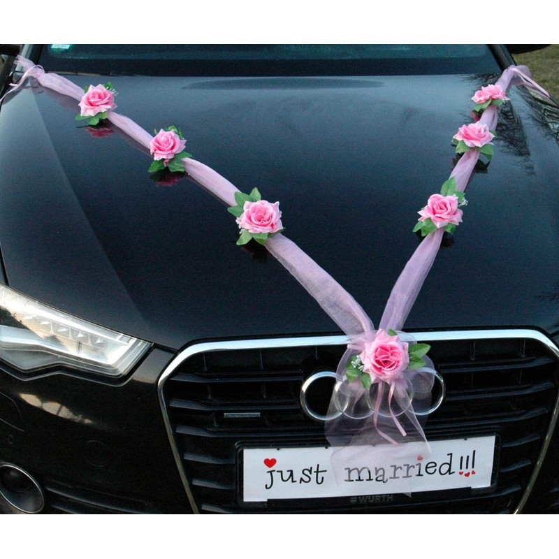 Autoschmuck Organza M garland with roses for bride and groom