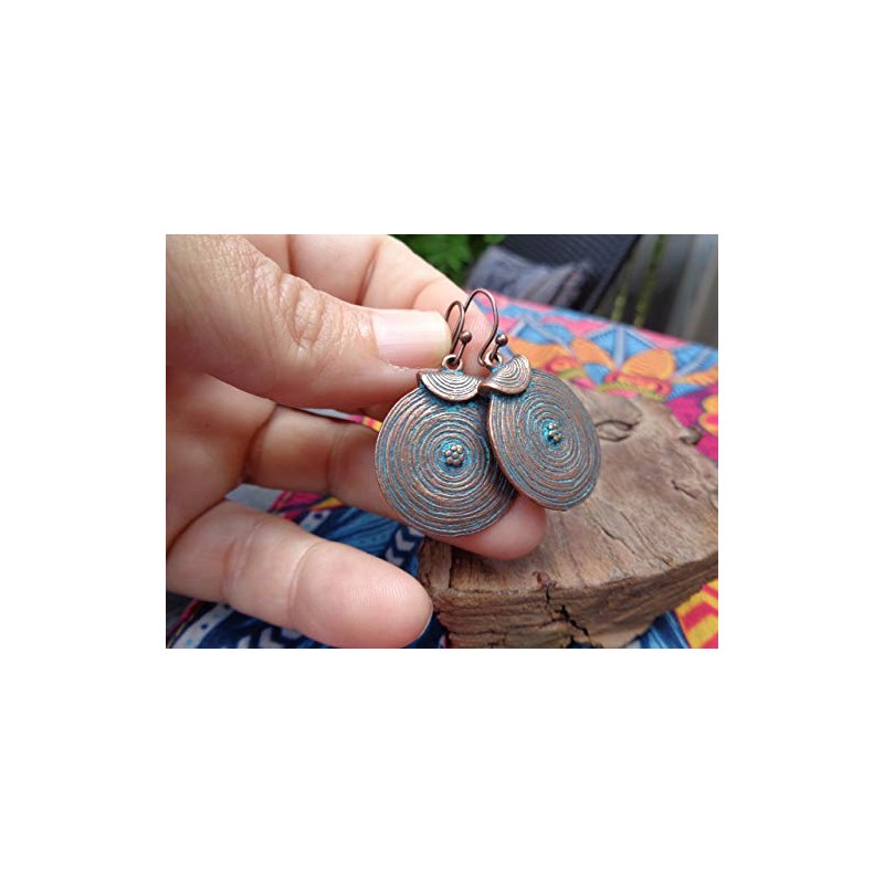Grooved copper patina circles: small earrings
