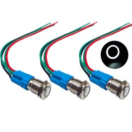 FULARR 3Pcs Premium 12mm Momentary Push Button Switch, 12V/24V 3A Car Ignition Starter Switch, IP66 Waterproof Stainless Steel Push Button Switch with Wire Socket Plug (White LED)