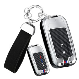 HIBEYO Key Fob Cover Compatible with Toyota Avalon Camry Corolla Highlander Rav4 TRD Sequoia Tundra Tacoma 4Runner Land Cruise Alloy Carbon Fiber Key Shell with Leather Keychains-2 Button Silver