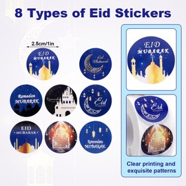 500pcs 1in Ramadan Stickers, 8 Styles Round Eid Mubarak Sticker Roll Self-Adhesive Ramadan Kareem Labels for Gift Tag Wrapping Paper Muslim Festival Party Decoration