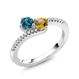 Gem Stone King Two-Stone Bypass Ring for Women in 925 Sterling Silver | 4MM Round Gemstone Birthstone and Yellow Citrine | Crossover Anniversary Engagement Wedding Promise Ring | Sizes 5, 6, 7, 8, 9