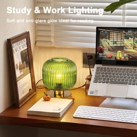 Soutas Glass Globe Table Lamp, Mid Century Modern Green Table Lamp, Vintage Gold Bedside Lamp with Ribbed Glass Shade, Cute Desk Lamp Small Decorative Lamp for Bedroom Nightstand Living Room End Table