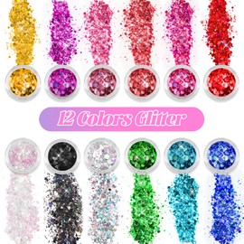12 Colour Face Glitter Chunky Sequins and Fine Glitter Mix Set