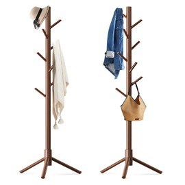 OUTGAVA 2 Pack Coat Rack, Solid Wood Coat Rack Freestanding with 8 Hooks & 3 Adjustable Heights, Simple Assembly Coat Tree for Hats, Bags, Wooden Coat Hanger Stand for Bedroom, Entryway, Office