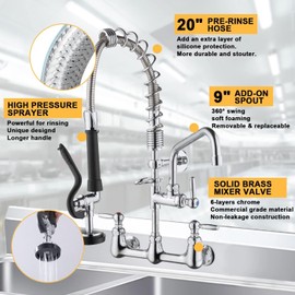 Commercial Sink Faucet Wall Mount with Sprayer 26" Height, 12" Swing Spout 8" Adjustable Center Wall Mount Faucet with Pull Down Pre-Rinse Sprayer Brass Constructed for 1/2 Compartment Sink