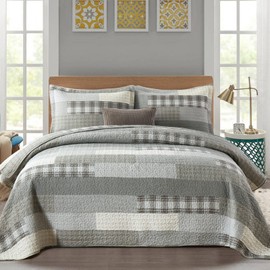 Y-PLWOMEN Quilt King Size - 100% Cotton Grey King Quilt Farmhouse Plaid Quilted Bedspread, 3 Pieces Lightweight Reversible King Size Quilt Bedding Set for All Season