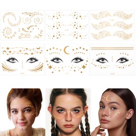 Alaoo 6 PCS Gold Face Stickers, Waterproof Temporary Tattoos for Adults Kids Glitter Fake Tattoo Stickers Set for Birthday Parties Gift Carnival Cosplay