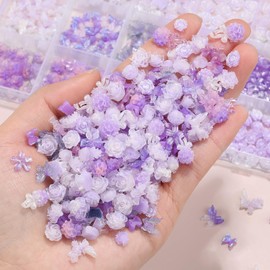 editTime 3D Camellia Rose Nail Art Flower and Butterfly Bow Charms, 24 Different Style Acrylic Flower Bud Hydrangea Spring Blossom Petal Nail Art Rhinestones Gems with Nail Tweezers (24grids-Purple)
