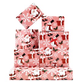 Santa Claus Bring Gifts and Snowman in White Flying Snowflake and Green Holly Wrapping Paper Sheets -(28"x20" Per Sheet, 4-Sheets, 1-Designs: 15 sq. ft. ttl)- Bright Pink Gift Wrap For Kids Girls