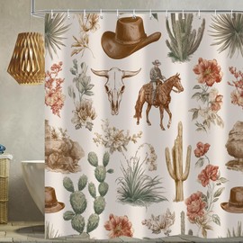 Cortina de ducha occidental, diseño de cactus tropicales, plantas del desierto, flores de granja, rústico, decoración de baño con ganchos, juego de cortina de baño de tela de poliéster, 72 x 72