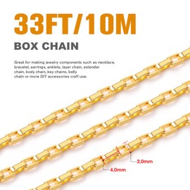33 Feet 18K Gold Plated Box Chain Bulk, 2mm 304 Stainless Steel Chains Roll Spool Thin Square Rolo Box Link Chain Bulk for Jewelry Making DIY Craft