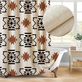 Jimuzi Western Aztec Linen Shower Curtain Ethnic Southwest Geometric Stripes Fabric Shower Curtain Set with Hooks, Boho Farmhouse Shower Curtains for Bathroom, 71x71 Bath Curtain