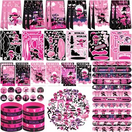 122PCS Girl Ninja Party Favors Set, 50 Stickers, 12 Assemble Stickers, 12 Button Badges, 12 Mini Notepads, 12 Slap Bracelets, 12 Rubber Bracelets, 12 Goodie Bags for Ninja Master Princess Baby Shower