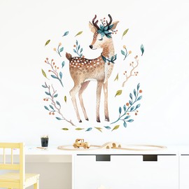 Cute Sika Deer Wall Stickers, sacinora Cartoon Little Jungle Animal Art Wall Decals Removable Vinyl Peel and Stick for Kids Baby Nursery Living Room Bedroom Children's Room Playroom Decorations