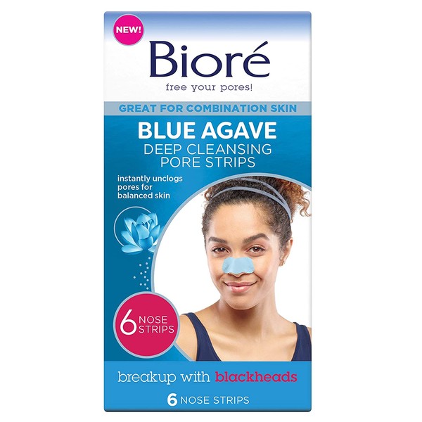 Bioré Blue Agave Pore Strips, 6 Nose Strips for Combination Skin, with Instant Blackhead Removal and Pore Unclogging, features C-Bond Technology, Oil-Free, Non-Comedogenic Use