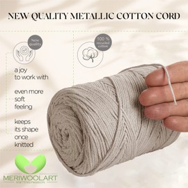 MeriWoolArt® Macrame Yarn Beige 2 mm x 250 m Cotton Cord, Recycled Soft Cotton Yarn for Knitting Plant Hangers, Jewellery Making, Crochet Bags